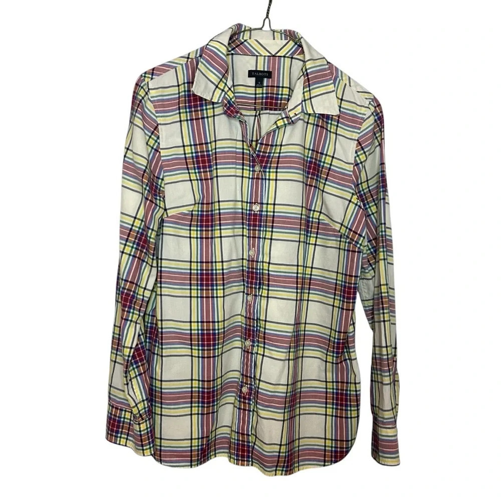Talbots Plaid Button Down Shirt Cotton Holiday Red Blue Green Size S